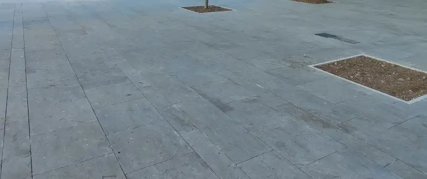 Acera con pavimento de piedra gris y un alcorque