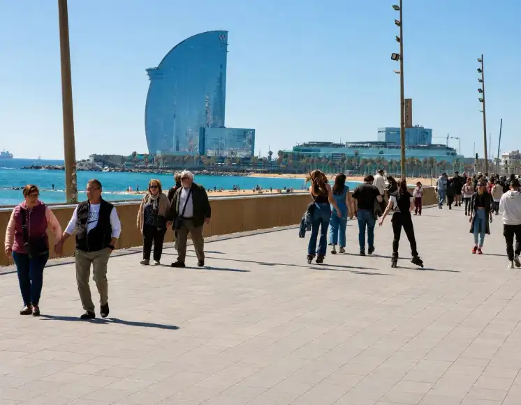 Barcelona seafront promenade with Stone20-PMI® flooring and the W hotel in the background