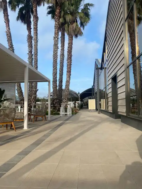 Paseo con palmeras y pavimento claro junto a un edificio industrial